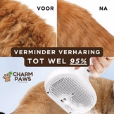 CharmPaws Steami Pro professional pet coat grooming brush showing before and after grooming results.