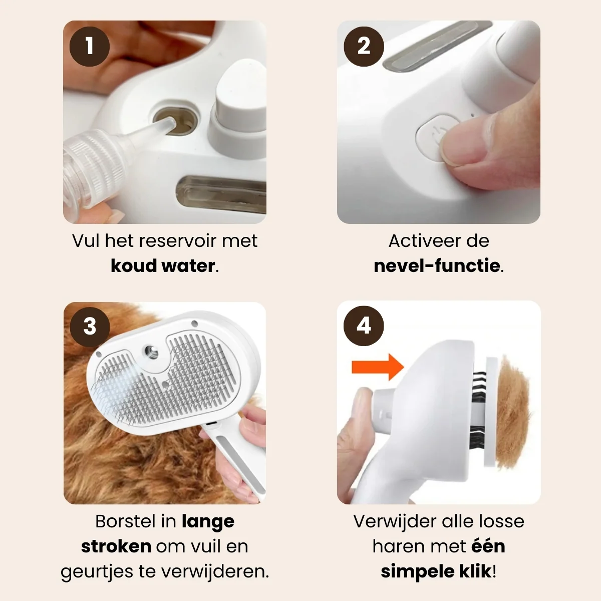 CharmPaws Steami Pro professional pet grooming brush with four-step design, showing its ergonomic handle and bristles for coat care.