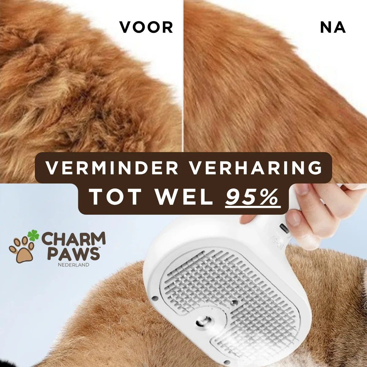 CharmPaws Steami Pro professional pet coat grooming brush showing before and after grooming results.
