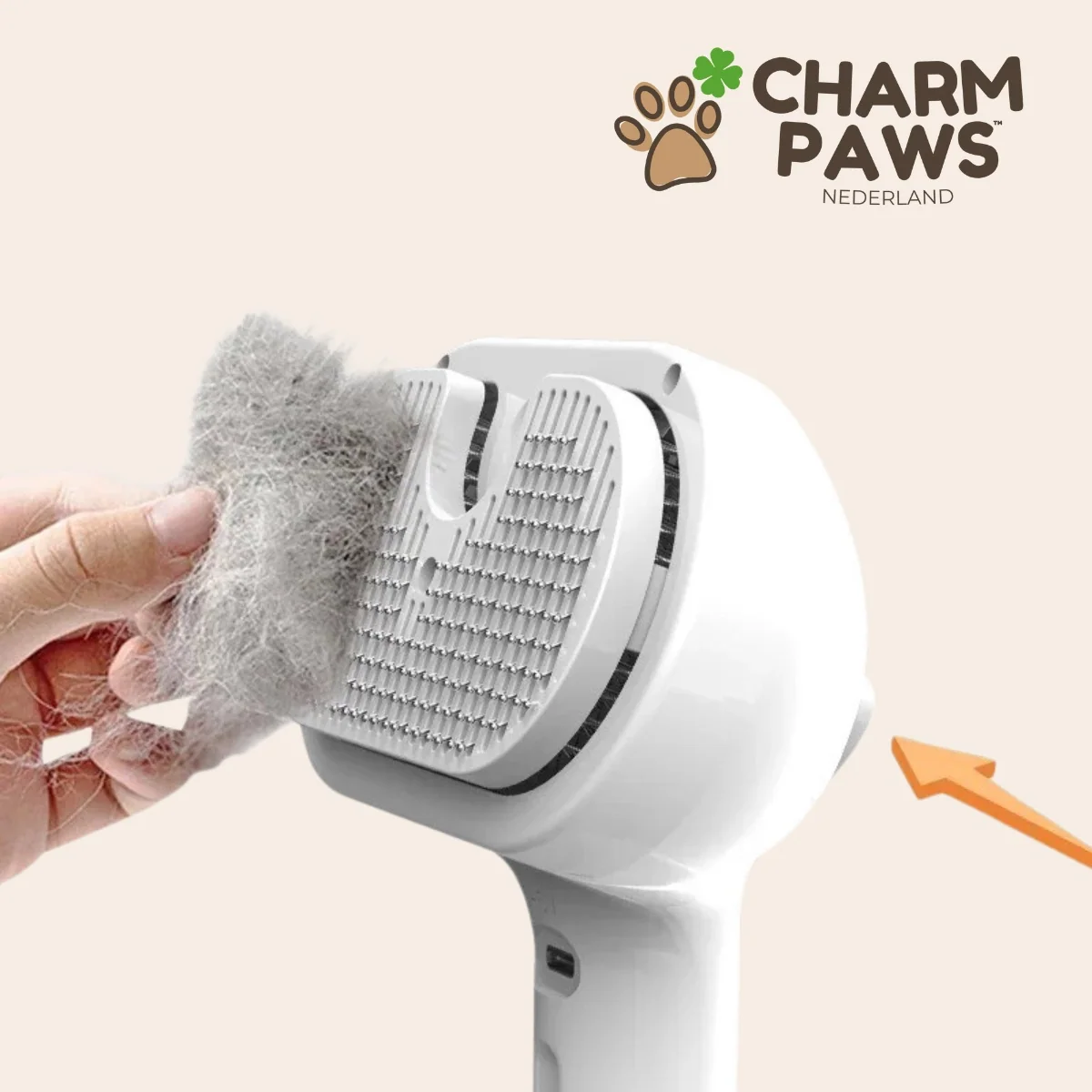 CharmPaws Steami Pro professional coat grooming brush with hair removal button, designed for effective pet hair grooming.