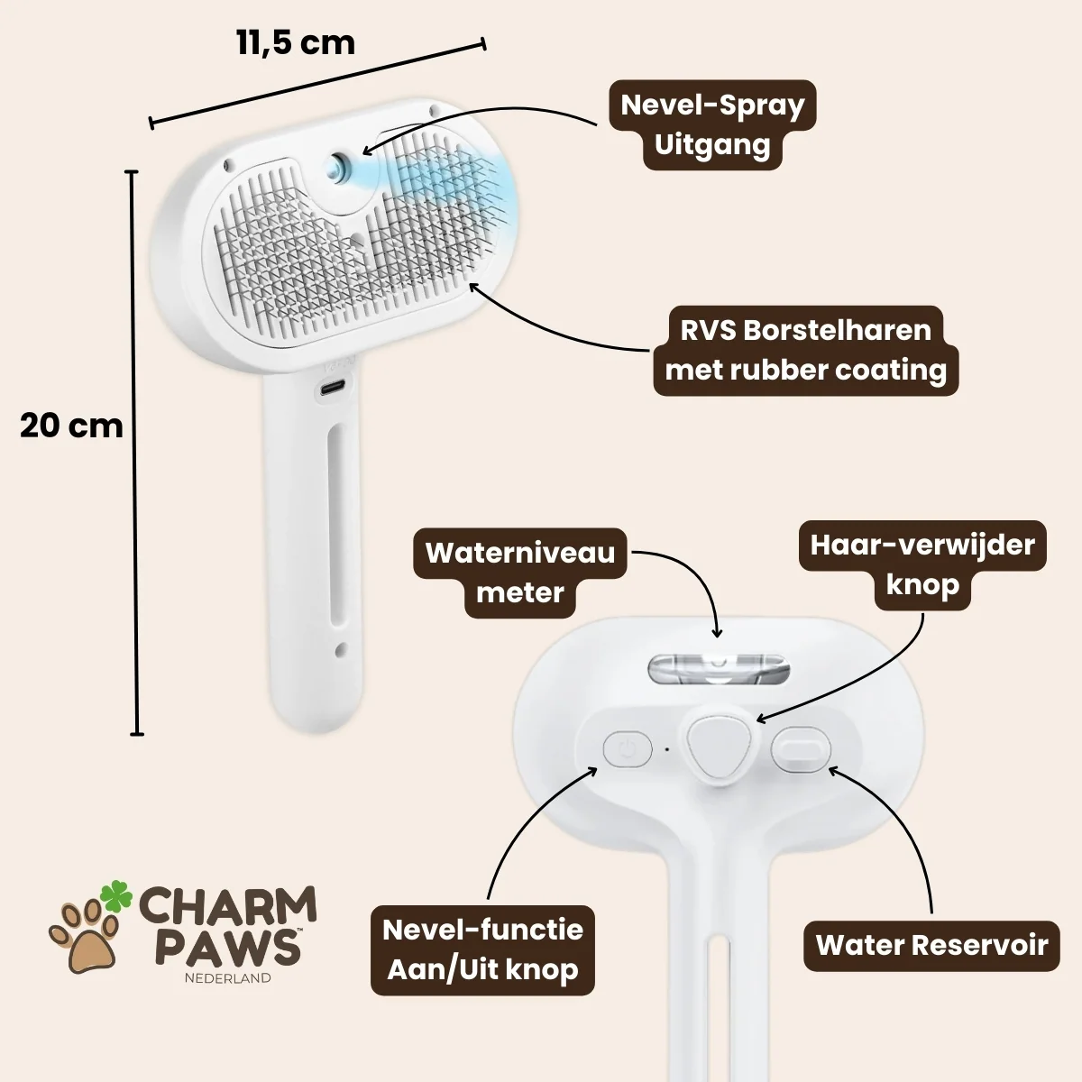 CharmPaws Steami Pro professional coat grooming brush for pets, shown in technical detail with ergonomic handle design.